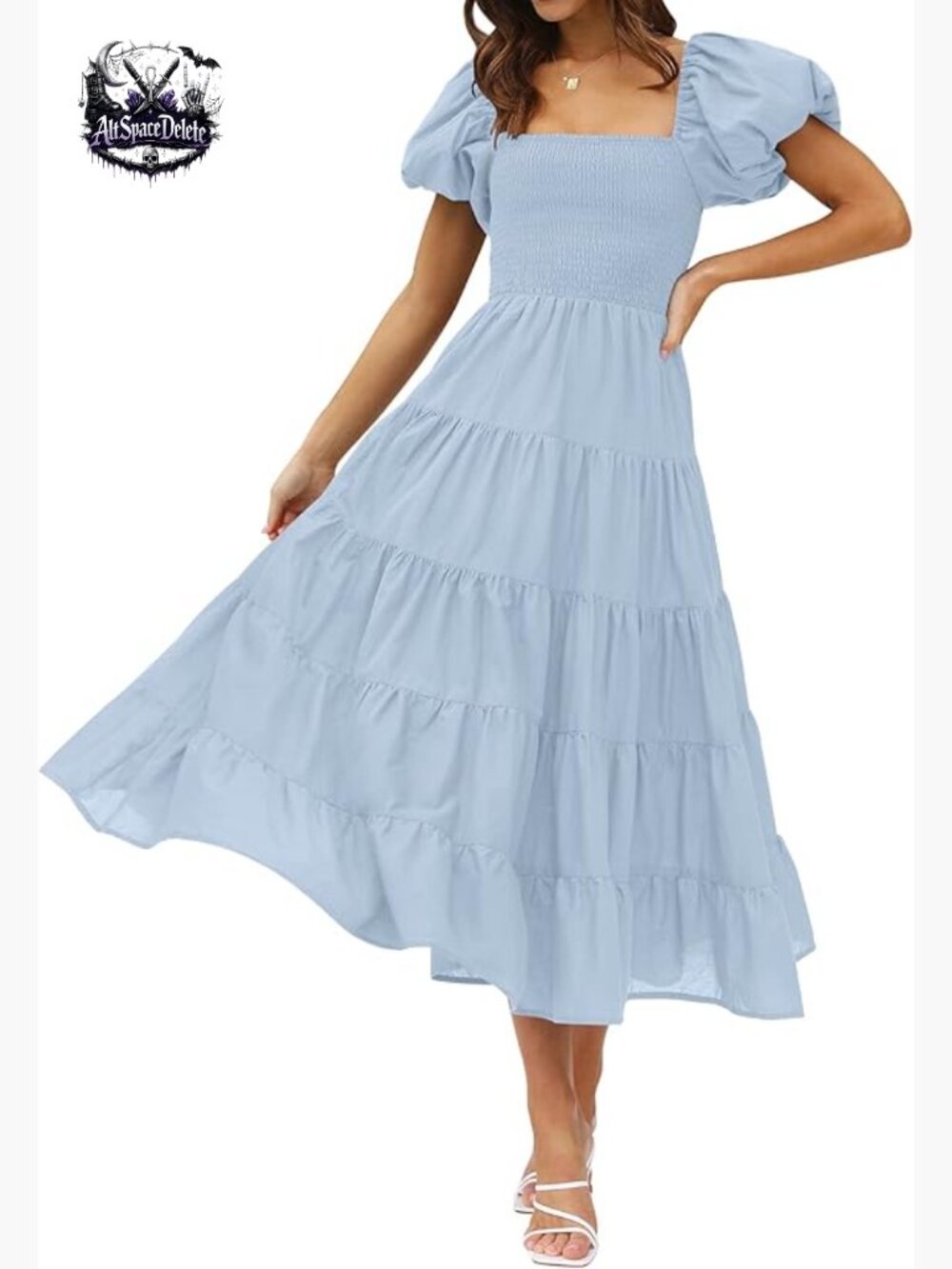 Summer Square Neck Puff Sleeve Smocked High Waist Midi Dress